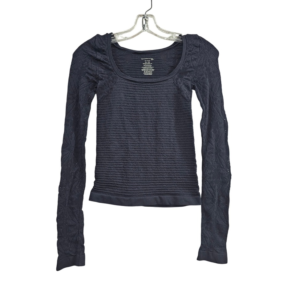Free People Top Womens M/L Black Solid Lace Sleeve Ribbed Scoop Neck Slim Fit